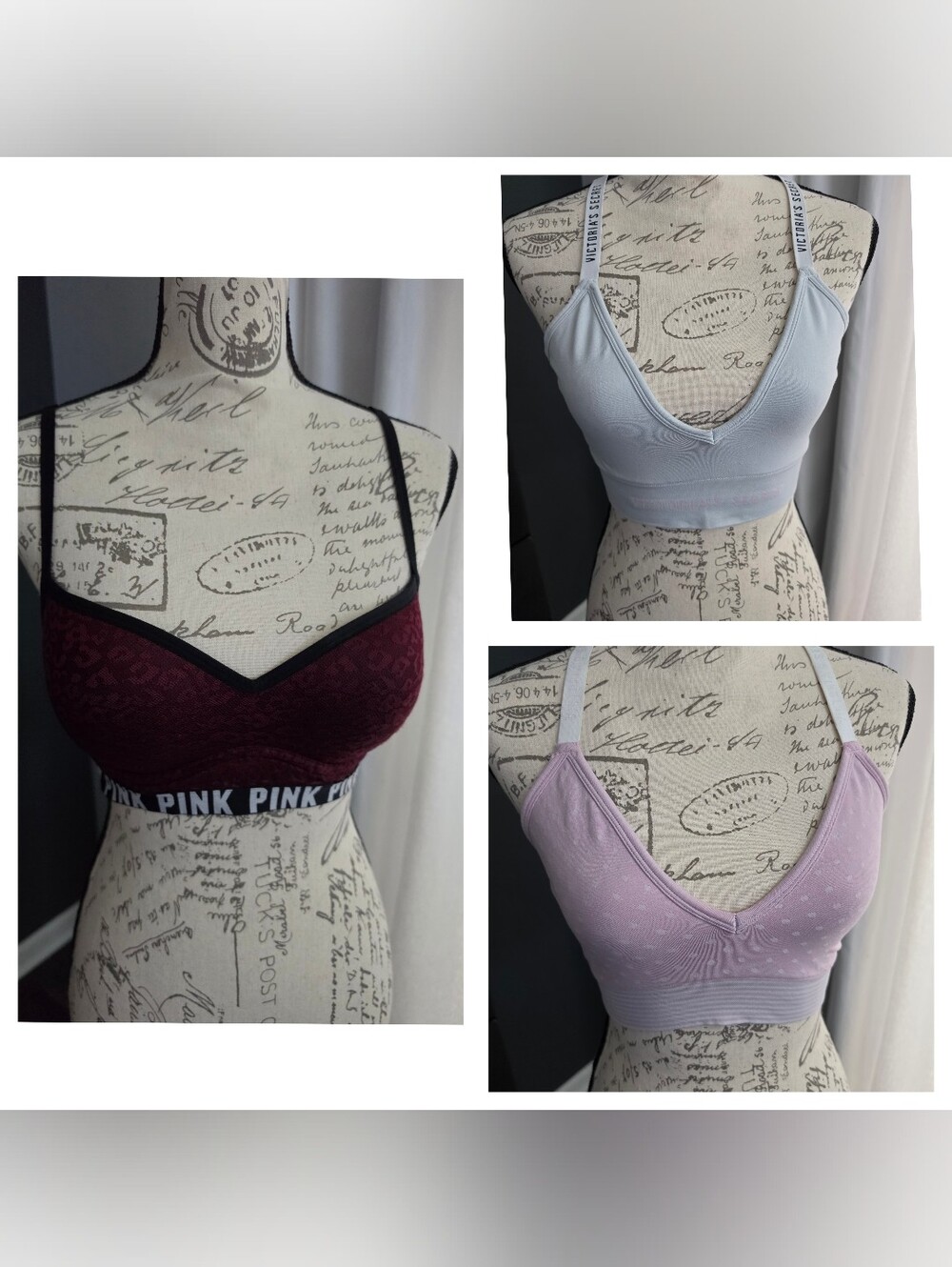Victoria's Secret Bralette Trio - Burgundy, Light Gray, Dusty Pink